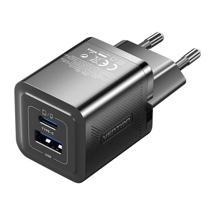 Φορτιστής Πρίζας Vention FEQB0-EU, USB-C, USB- A, 30W/30W, GaN (Black)