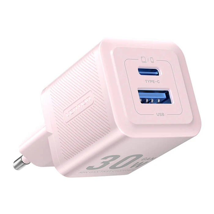 Φορτιστής Πρίζας Vention FEQP0-EU, USB-C + USB- A, 30W/30W, GaN (pink)