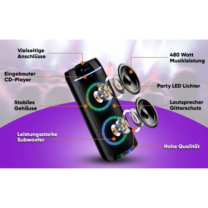 Σύστημα all-in-one Reflexion φορητό Bluetooth party speaker με CD/MP3, USB, MicroSD και ραδιόφωνο PS10BTCD/N