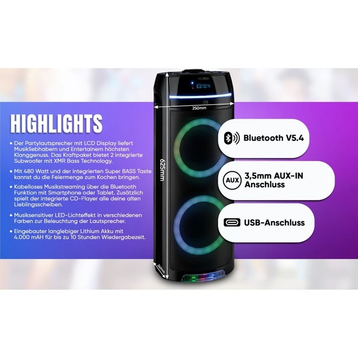 Σύστημα all-in-one Reflexion φορητό Bluetooth party speaker με CD/MP3, USB, MicroSD και ραδιόφωνο PS10BTCD/N