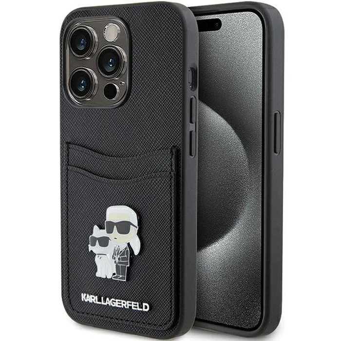 Karl Lagerfeld KLHCP15LSAPKCNPK Apple iPhone 15 Pro hardcase Saffiano Cardslot Karl&Choupette Metal Pin black