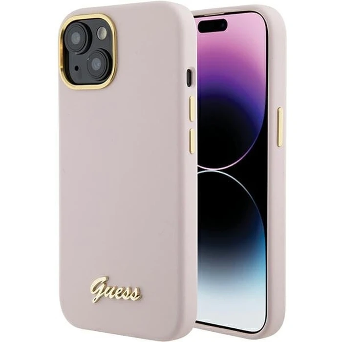 Guess GUHCP15SSMBSLP Apple iPhone 15 hardcase Silicone Script Metal Logo & Frame pink