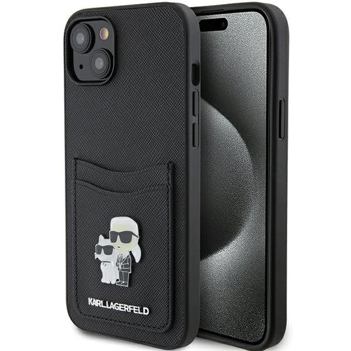 Karl Lagerfeld KLHCP15SSAPKCNPK Apple iPhone 15 hardcase Saffiano Cardslot Karl&Choupette Metal Pin black