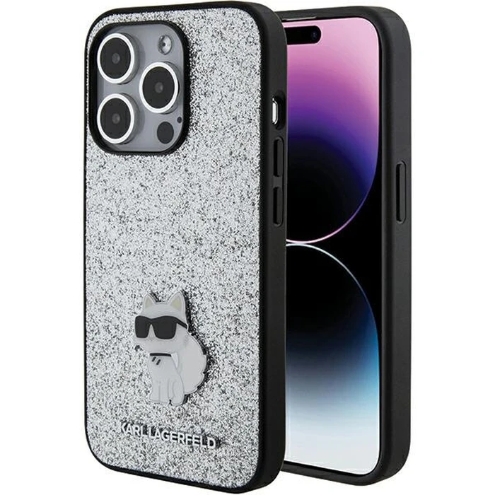 Karl Lagerfeld KLHCP15XGCNPSG Apple iPhone 15 Pro Max hardcase Fixed Glitter Choupette Logo Metal Pin silver
