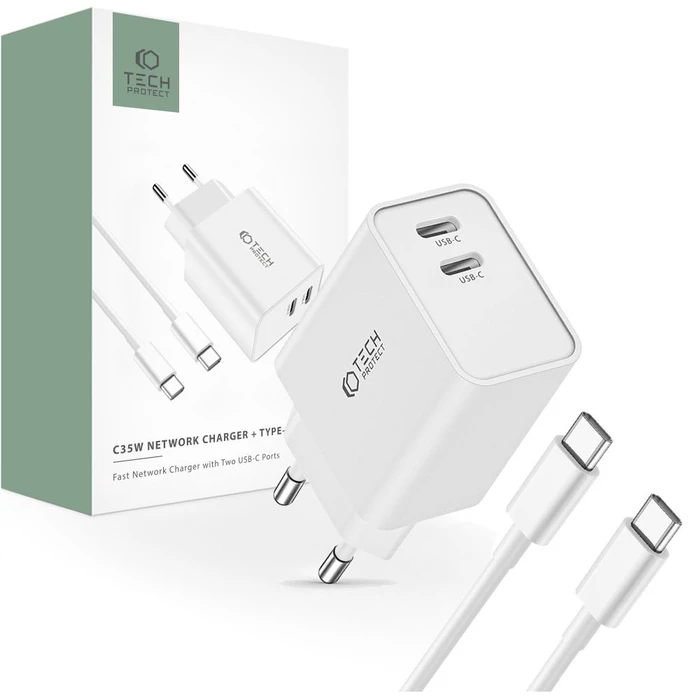 Tech-Protect C35W, 2xUSB-C, PD, 35W wall charger + USB-C cable white
