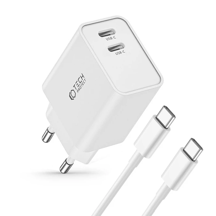 Tech-Protect C35W, 2xUSB-C, PD, 35W wall charger + USB-C cable white