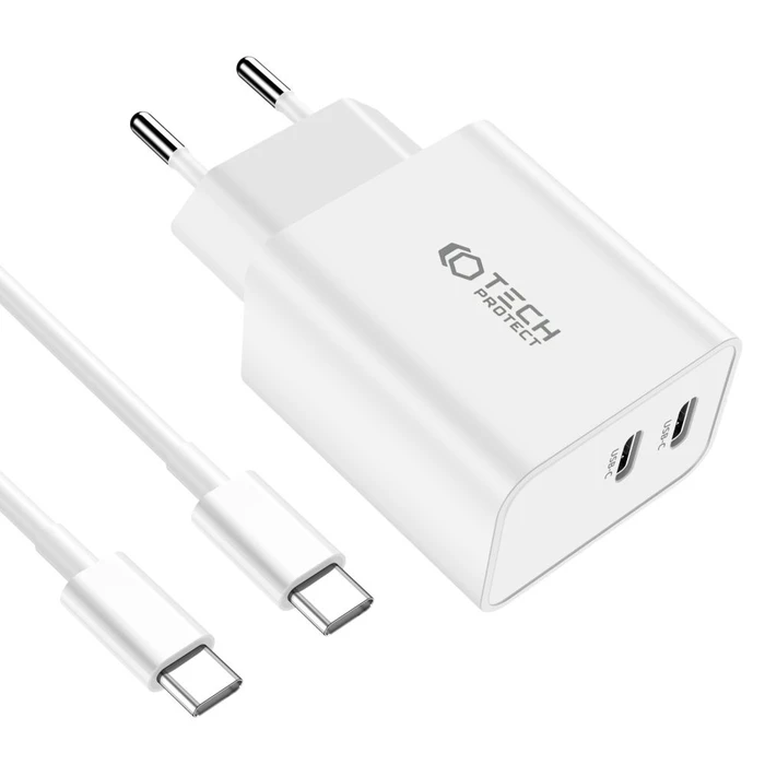 Tech-Protect C35W, 2xUSB-C, PD, 35W wall charger + USB-C cable white