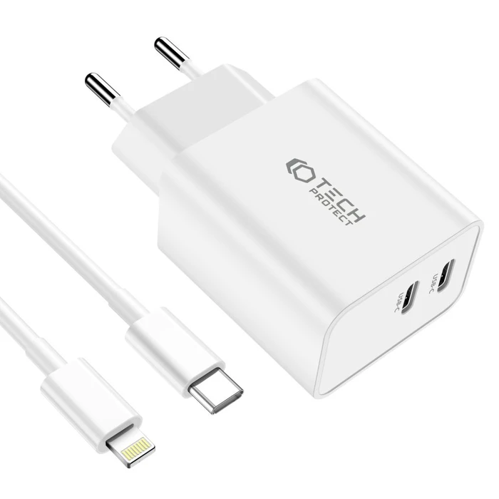 Tech-Protect C35W, 2xUSB-C, PD, 35W wall charger + lightning cable white