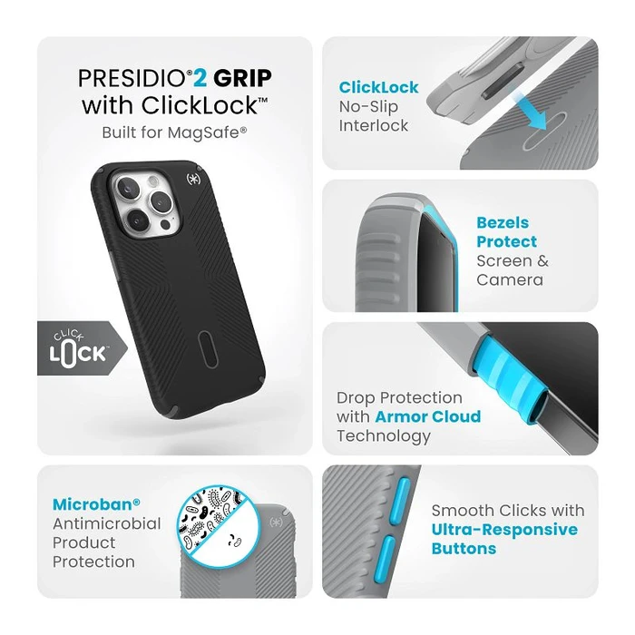 Speck Presidio2 Grip ClickLock & MagSafe Apple iPhone 15 Pro (Black / Slate Grey / White)