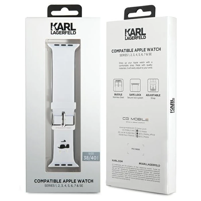 Belt Karl Lagerfeld KLAWMSLCNH Apple Watch 4/5/6/7/SE/8/9/10 40/41/42mm strap 3D Rubber Choupette Heads white