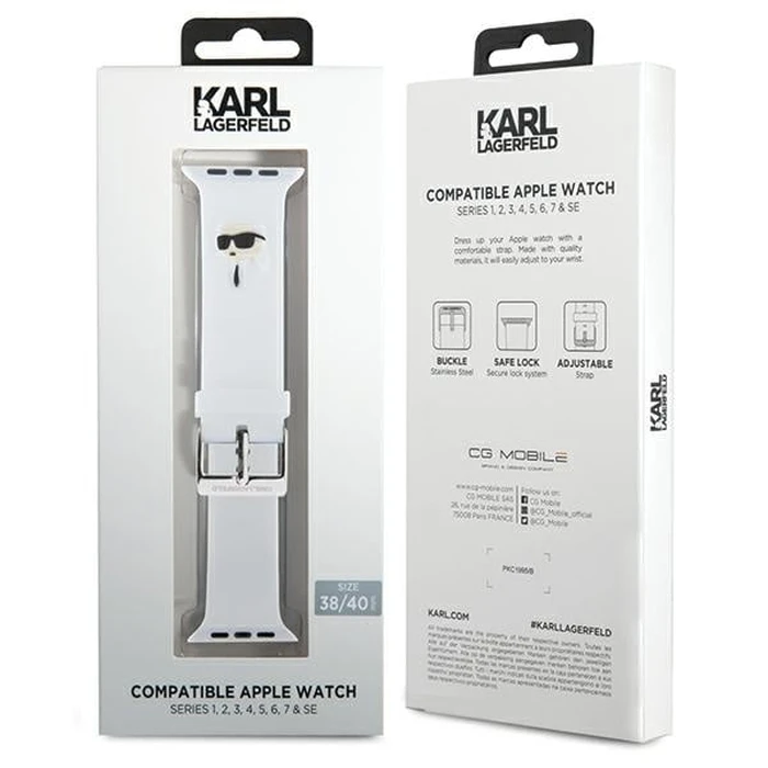 Belt Karl Lagerfeld KLAWMSLKNH Apple Watch 4/5/6/7/SE/8/9/10 40/41/42mm strap 3D Rubber Karl Head white