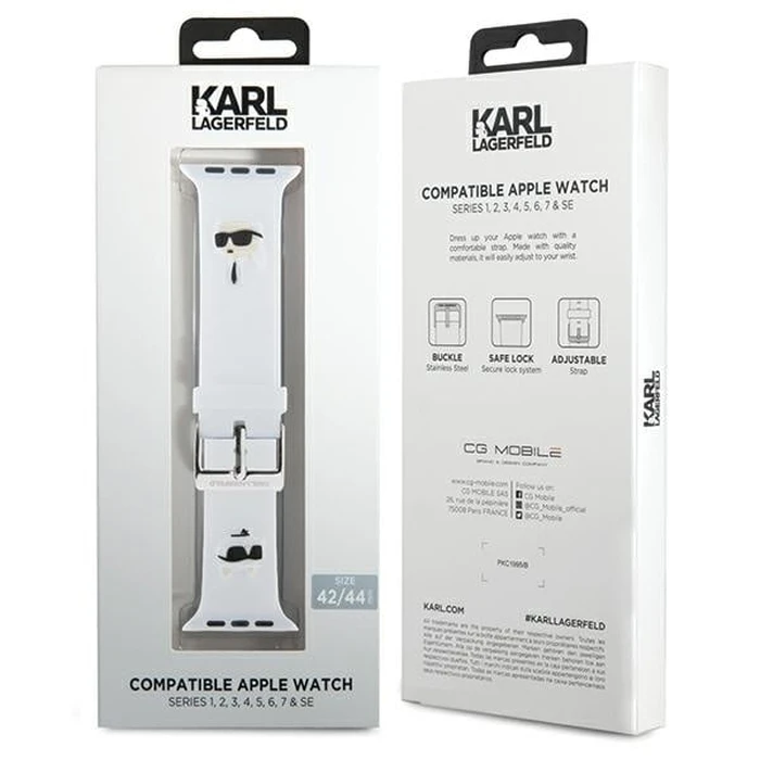 Belt Karl Lagerfeld KLAWLSLKCNH Apple Watch 4/5/6/7/SE/8/9/Ultra 44/45/49mm strap 3D Rubber Karl&Choupette Heads white