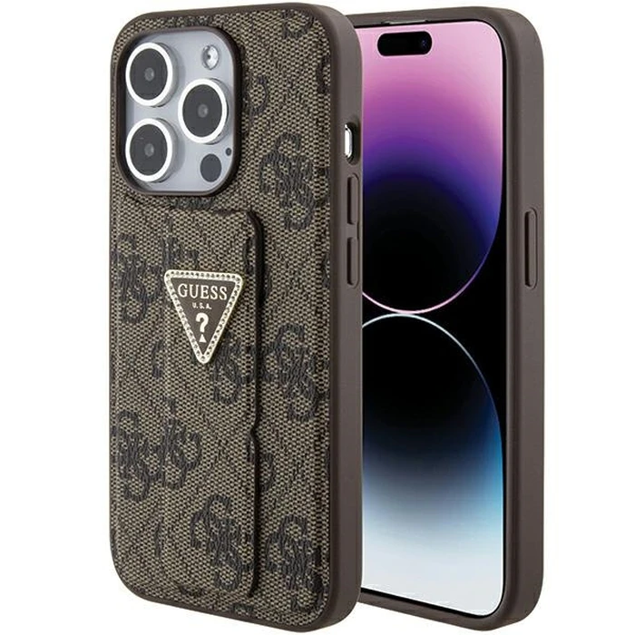 Guess GUHCP15LPGS4TDW iPhone 15 Pro brązowy/brown hardcase Grip Stand 4G Triangle Strass
