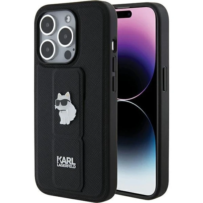 Karl Lagerfeld KLHCP15LGSACHPK iPhone 15 Pro Black hardcase Gripstand Saffiano Choupette Pins