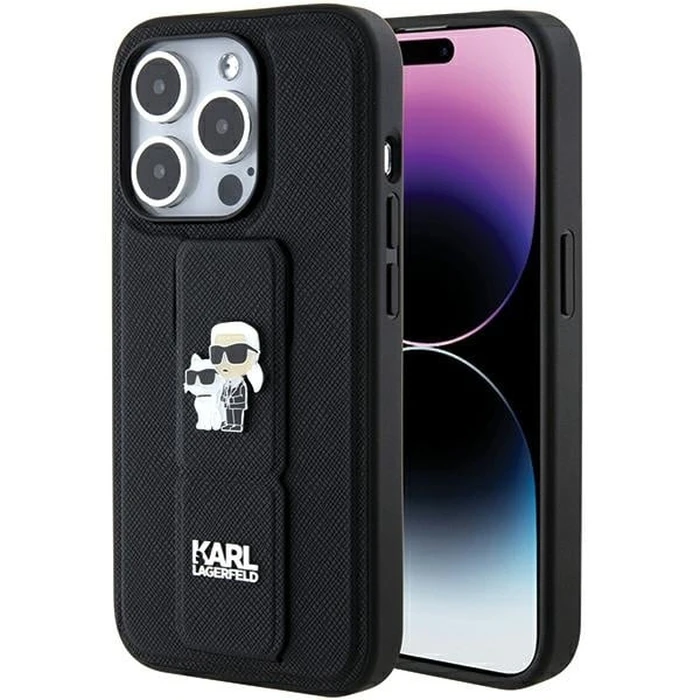 Karl Lagerfeld KLHCP15LGSAKCPK iPhone 15 Pro Black hardcase Gripstand Saffiano Karl&Choupette Pins