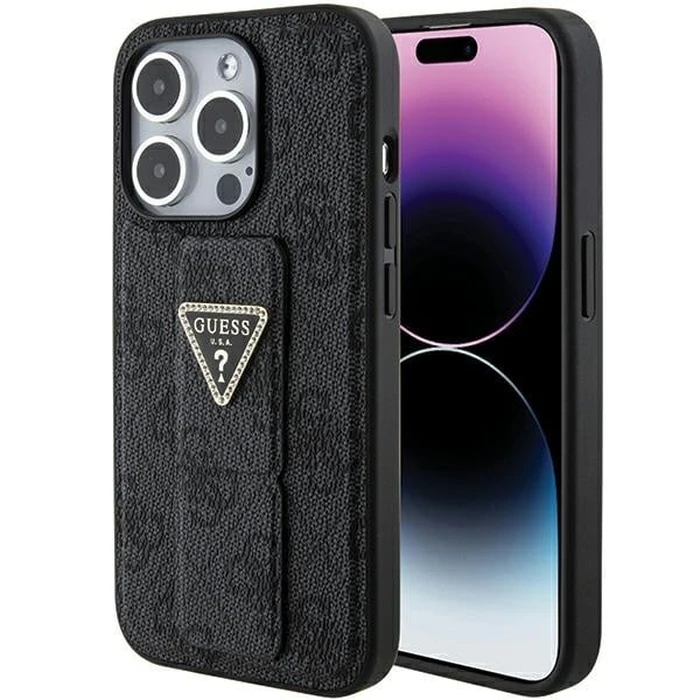 Guess GUHCP15XPGS4TDK iPhone 15 Pro Max Black hardcase Grip Stand 4G Triangle Strass