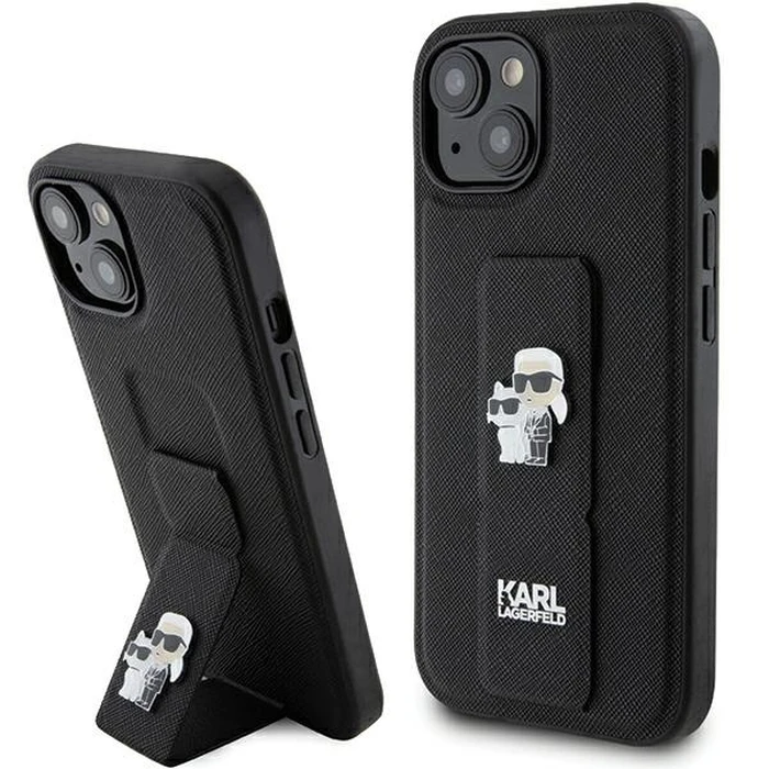 Karl Lagerfeld KLHCP15SGSAKCPK iPhone 15 Black hardcase Gripstand Saffiano Karl&Choupette Pins