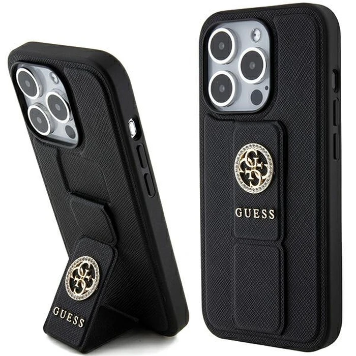Guess GUHCP15XPGSSADK iPhone 15 Pro Max Black hardcase Grip Stand 4G Saffiano Strass