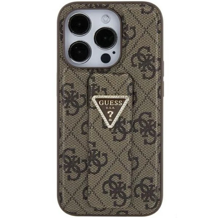 Guess GUHCP15SPGS4TDW Apple iPhone 15 hardcase Grip Stand 4G Triangle Strass brown