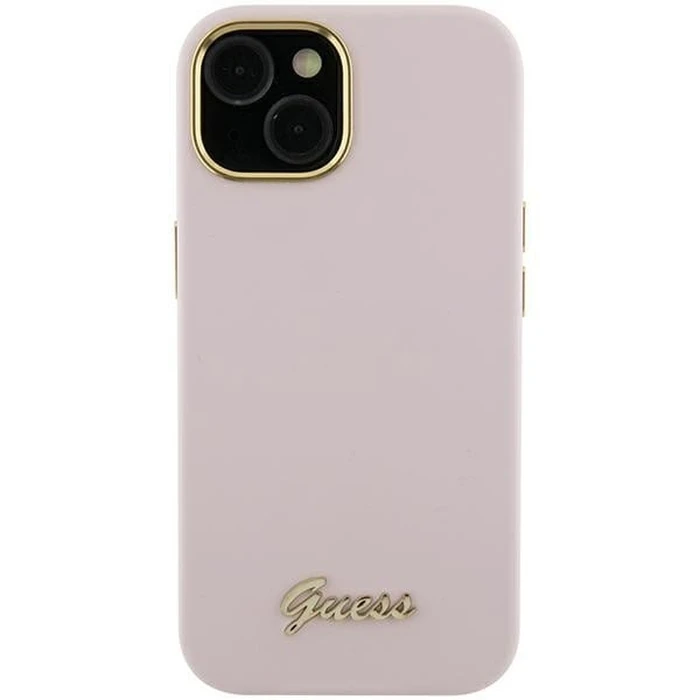 Guess GUHCP15XSMBSLP Apple iPhone 15 Pro Max hardcase Silicone Script Metal Logo & Frame pink