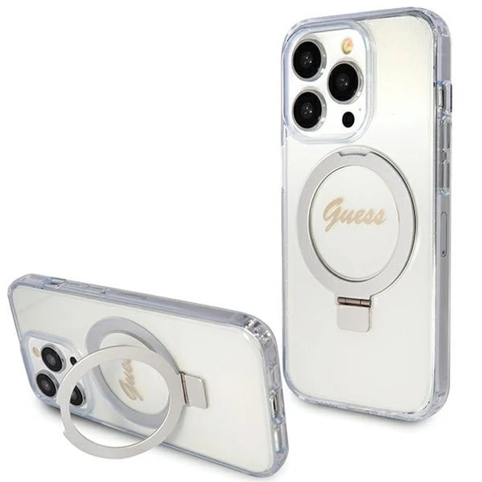 Guess GUHMP15LHRSGSD Apple iPhone 15 Pro hardcase Ring Stand Script Glitter MagSafe transparent