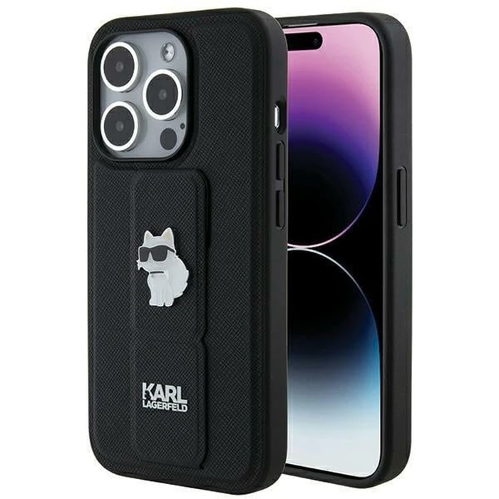 Karl Lagerfeld KLHCP14LGSACHPK Apple iPhone 14 Pro hardcase Gripstand Saffiano Choupette Pins black
