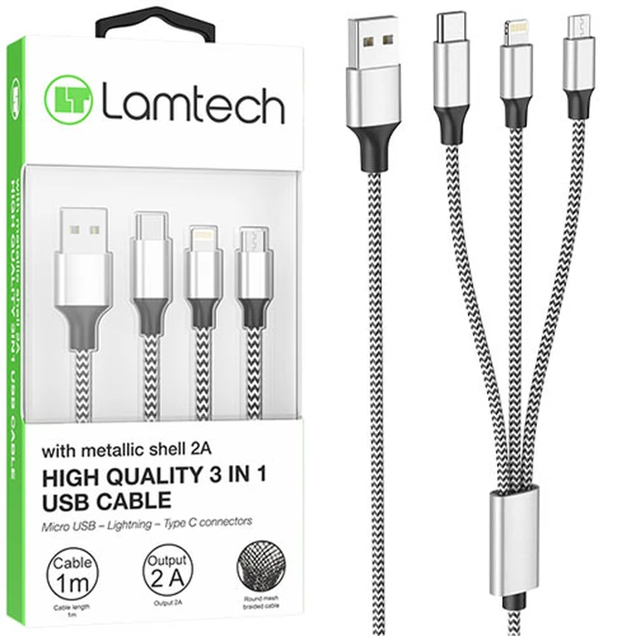 Καλώδιo USB Lamtech HIGH QUALITY 3 IN 1 With METALLIC SHELL SILVER 1M