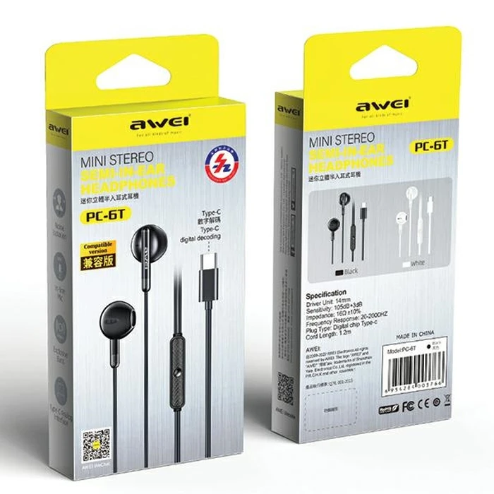AWEI PC-6T wired in-ear headphones USB-C, 1.2m black