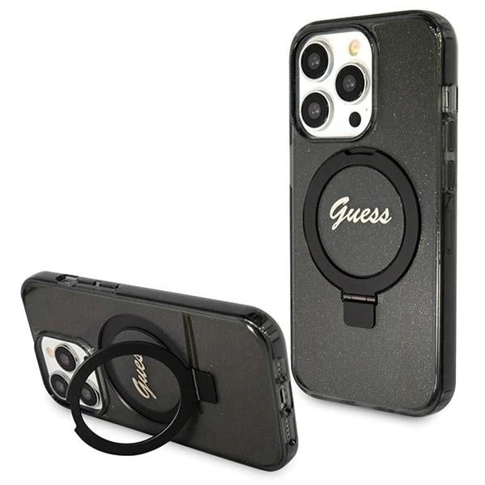 Guess GUHMP13XHRSGSK Apple iPhone 13 Pro Max hardcase Ring Stand Script Glitter MagSafe black