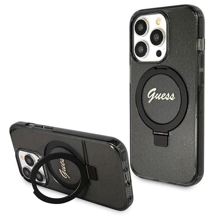 Guess GUHMP14LHRSGSK Apple iPhone 14 Pro hardcase Ring Stand Script Glitter MagSafe black