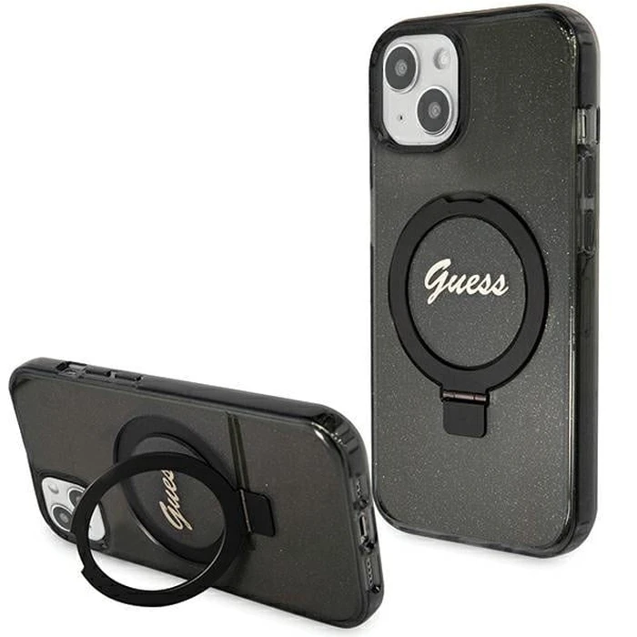 Guess GUHMP14SHRSGSK Apple iPhone 13 / 14 / 15 hardcase Ring Stand Script Glitter MagSafe black