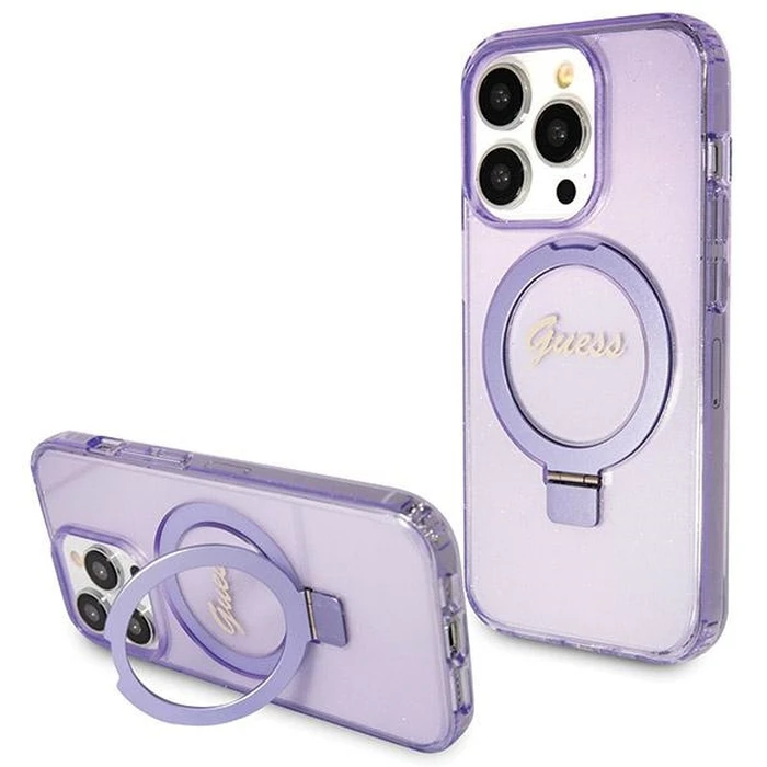 Guess GUHMP14LHRSGSU Apple iPhone 14 Pro hardcase Ring Stand Script Glitter MagSafe purple