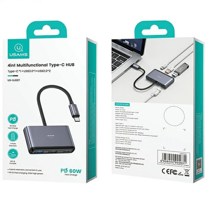 USAMS US-SJ627 HUB 4w1 USB-C / 2xUSB-A 2.0,USB-A 3.0,USB-C dark grey