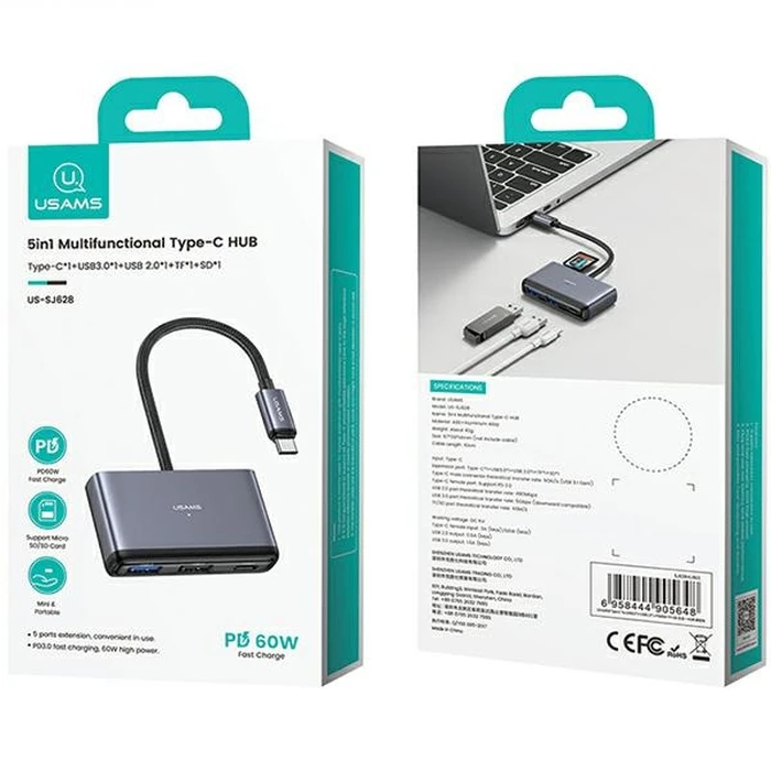 USAMS US-SJ628 HUB 5w1 USB-C / USB-A 2.0,USB 3.0,USB-C,TF,SD dark grey