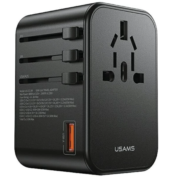 USAMS T62 Univesal Travel Charger US/AU/EU/UK 1xUSB, 2xUSB-C 65W black 