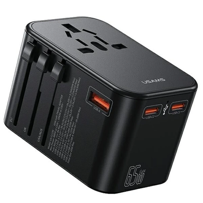 USAMS T62 Univesal Travel Charger US/AU/EU/UK 1xUSB, 2xUSB-C 65W black 