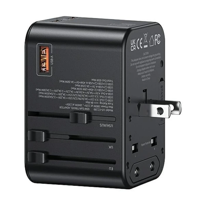 USAMS T62 Univesal Travel Charger US/AU/EU/UK 1xUSB, 2xUSB-C 65W black 