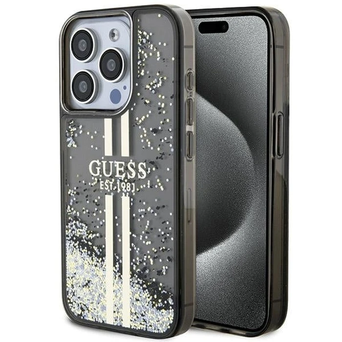 Guess GUHCP15LLFCSEGK Apple iPhone 15 Pro hardcase Liquid Glitter Gold Stripes black