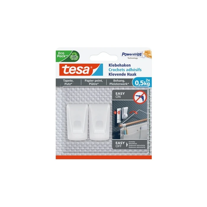 tesa Adhesive Hooks for Wallpaper & Plaster (0.5 kg) - 2 hooks with Powerstrips