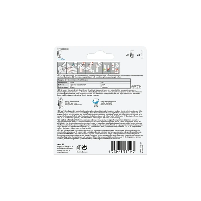 tesa Adhesive Hooks for Wallpaper & Plaster (0.5 kg) - 2 hooks with Powerstrips