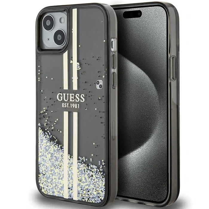 Guess GUHCP15MLFCSEGK Apple iPhone 15 Plus / 14 Plus hardcase Liquid Glitter Gold Stripes black