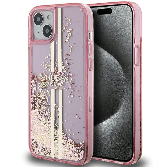 Guess GUHCP15MLFCSEGP Apple iPhone 15 Plus / 14 Plus hardcase Liquid Glitter Gold Stripes pink