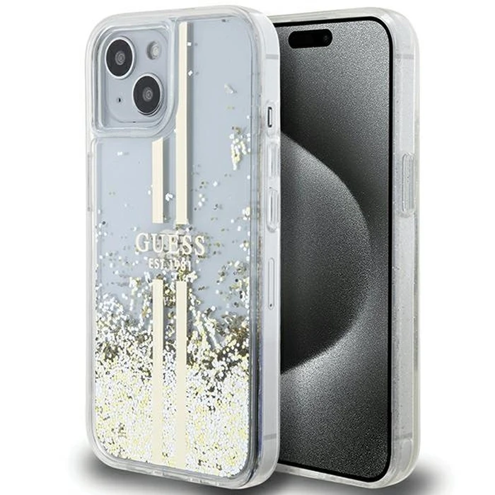 Guess GUHCP15MLFCSEGT Apple iPhone 15 Plus / 14 Plus hardcase Liquid Glitter Gold Stripes transparent
