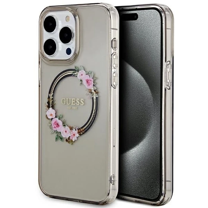Guess GUHMP15XHFWFCK Apple iPhone 15 Pro Max hardcase IML Flowers Wreatch MagSafe black
