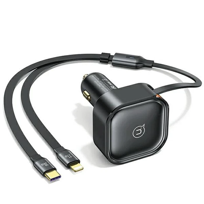 USAMS C41 2xUSB-C car charger with retractable cable PD 30W Fast Charge black