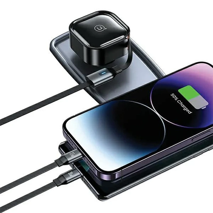 USAMS C41 2xUSB-C car charger with retractable cable PD 30W Fast Charge black