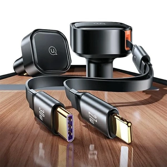 USAMS C41 2xUSB-C car charger with retractable cable PD 30W Fast Charge black