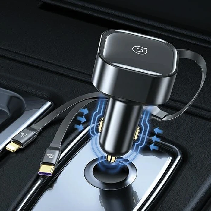 USAMS C41 2xUSB-C car charger with retractable cable PD 30W Fast Charge black
