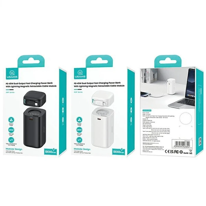 USAMS US-CD217 powerbank 18000mAh PD 45W Fast Charge XMF Series + Lightning cable white