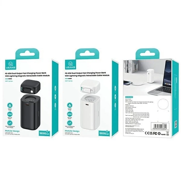 USAMS US-CD217 powerbank 18000mAh PD 45W Fast Charge XMF Series + Lightning cable black